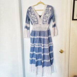 Vintage 1970s Chambray And Lace Embroidered Maxi Dress